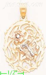 14K Gold Filigree Oval w/Butterfly & Flower 3Color Dia-Cut Charm