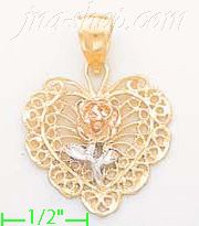 14K Gold Filigree Heart w/Rose 3Color Dia-Cut Charm Pendant