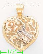 14K Gold Heart w/Rose & Butterfly 3Color Dia-Cut Charm Pendant