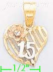 14K Gold 15 Años Heart w/Flower 3Color Dia-Cut Charm Pendant