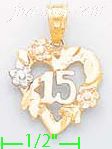 14K Gold 15 Años Heart w/Flowers 3Color Dia-Cut Charm Pendant