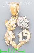 14K Gold 15 Años w/Leaves 3Color Dia-Cut Charm Pendant