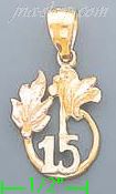 14K Gold 15 Años w/Flowers 3Color Dia-Cut Charm Pendant