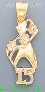 14K Gold Hand w/Flowers Holding 15 Años 3Color Dia-Cut Charm Pen