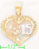 14K Gold 15 Años Heart w/Flower 3Color Dia-Cut Charm Pendant