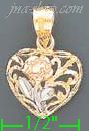 14K Gold Heart w/Rose 3Color Dia-Cut Charm Pendant