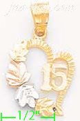 14K Gold 15 Años Heart w/Leaves 3Color Dia-Cut Charm Pendant