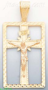 14K Gold Crucifix Cross w/Rectagular Frame 3Color Dia-Cut Charm
