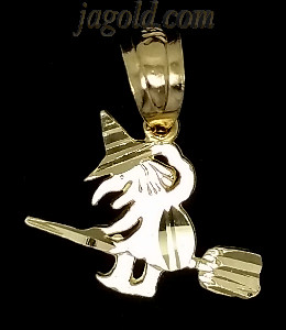 14K Gold Small Witch Flying on Broom Diamond-Cut Charm Pendant