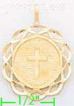 14K Gold Holy Cross Round Frame Dia-Cut Charm Pendant