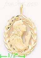 14K Gold Woman Praying Oval Leaf Frame Dia-Cut Charm Pendant