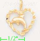 14K Gold Dolphin in Rope Heart Dia-Cut Charm Pendant