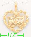 14K Gold Comedy & Tragedy Masks in Rope Heart Dia-Cut Charm Pend