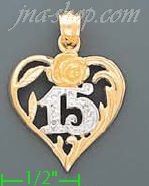 14K Gold 15 Rose in Heart 2Tone Charm Pendant