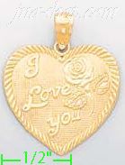 14K Gold I Love You Heart w/Rose Charm Pendant