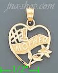 14K Gold #1 Mom Scrolled Heart Flower Charm Pendant