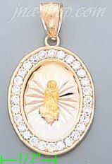 14K Gold Virgin of Guadalupe Oval 3Color Stamped CZ Charm Pendan