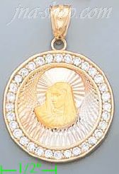14K Gold Virgin Round 3Color Stamped CZ Charm Pendant
