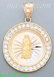 14K Gold Virgin of Guadalupe Round 3Color Stamped CZ Charm Penda