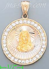 14K Gold Jesus Christ Face Round 3Color Stamped CZ Charm Pendant