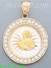14K Gold Jesus Sacred Heart Round 3Color Stamped CZ Charm Pendan