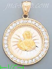 14K Gold Jesus Sacred Heart Round 3Color Stamped CZ Charm Pendan