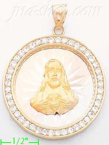 14K Gold Jesus Sacred Heart Round 3Color Stamped CZ Charm Pendan