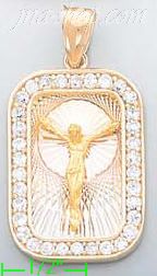 14K Gold Crucifix Round Rectangle 3Color Stamped CZ Charm Pendan