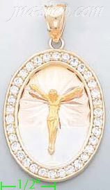 14K Gold Crucifix Oval 3Color Stamped CZ Charm Pendant