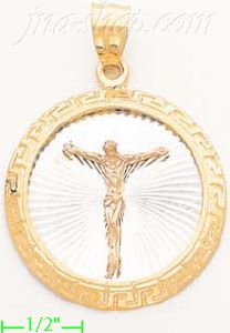 14K Gold Crucifix w/Greek Design Frame Round Stamp Charm Pendant