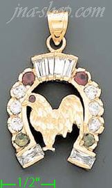 14K Gold Horseshoe w/Cock Rooster CZ Charm Pendant