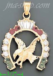 14K Gold Horseshoe w/Striking Eagle CZ Charm Pendant