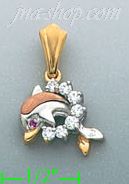 14K Gold Dolphin Jumping Through Hoop CZ Charm Pendant