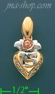 14K Gold 15 Años Heart & Rose CZ Charm Pendant