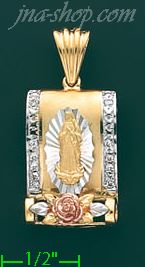 14K Gold Virgin of Guadalupe w/Rose 3Color Stamp Charm Pendant