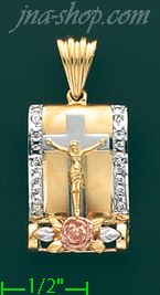 14K Gold Crucifix w/Rose 3Color Stamp Charm Pendant