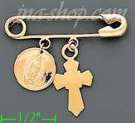 14K Gold Safety Pin w/2 Charms Virgin & Cross Italian Pin Charm